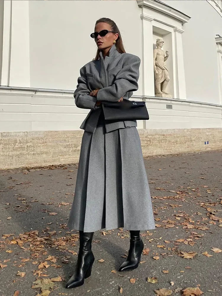 maoxiangshop  -  Women Fashion Solid Woolen Skirt Suits Elegant Stand Collar Full Sleeve Coat Loose Pleated Long Skirts Set Fall Chic Lady Outfit