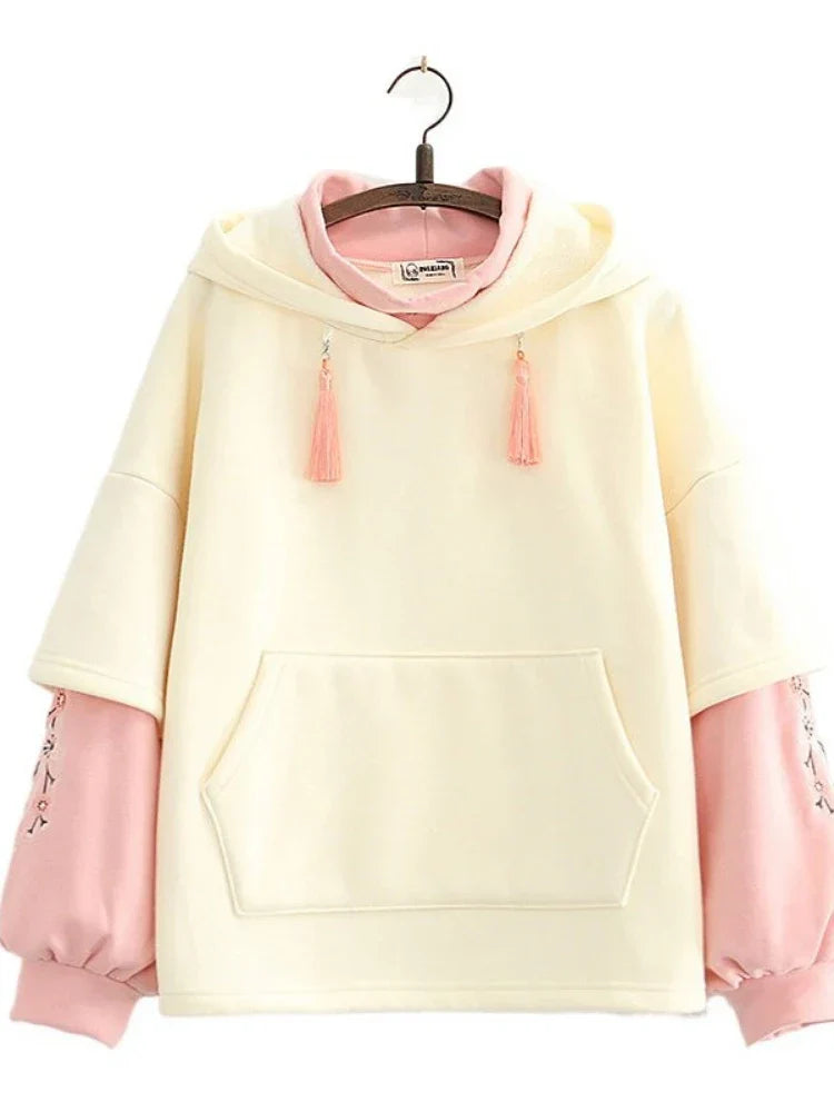maoxiangshop Floral Embroidery Patchwork Fleece Women Hoodies Winter Thick Drawstring Hooded Sweatshirt Female Plus Velvet Pullovers