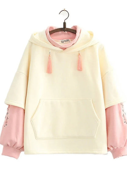 maoxiangshop Floral Embroidery Patchwork Fleece Women Hoodies Winter Thick Drawstring Hooded Sweatshirt Female Plus Velvet Pullovers