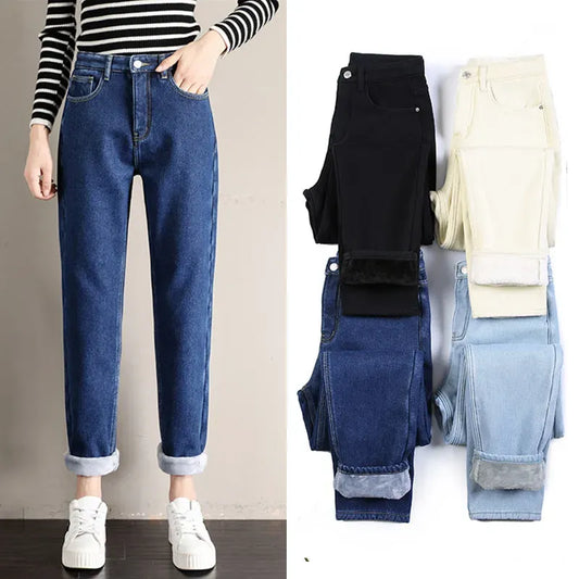 maoxiangshop Fleece Jeans Women Baggy Harem Pants Winter New High Waist Straight Thickened Warm Boyfriend Velvet Denim Trousers
