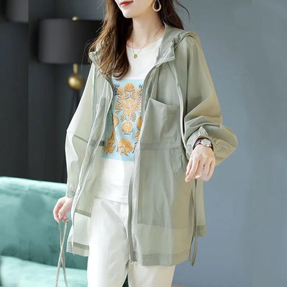 maoxiangshop Jackets Women Hooded Fashion Thin Sheer Chic Soft Summer Femme Solid Ins Korean Style Sun-proof Harajuku High Street Holiday New