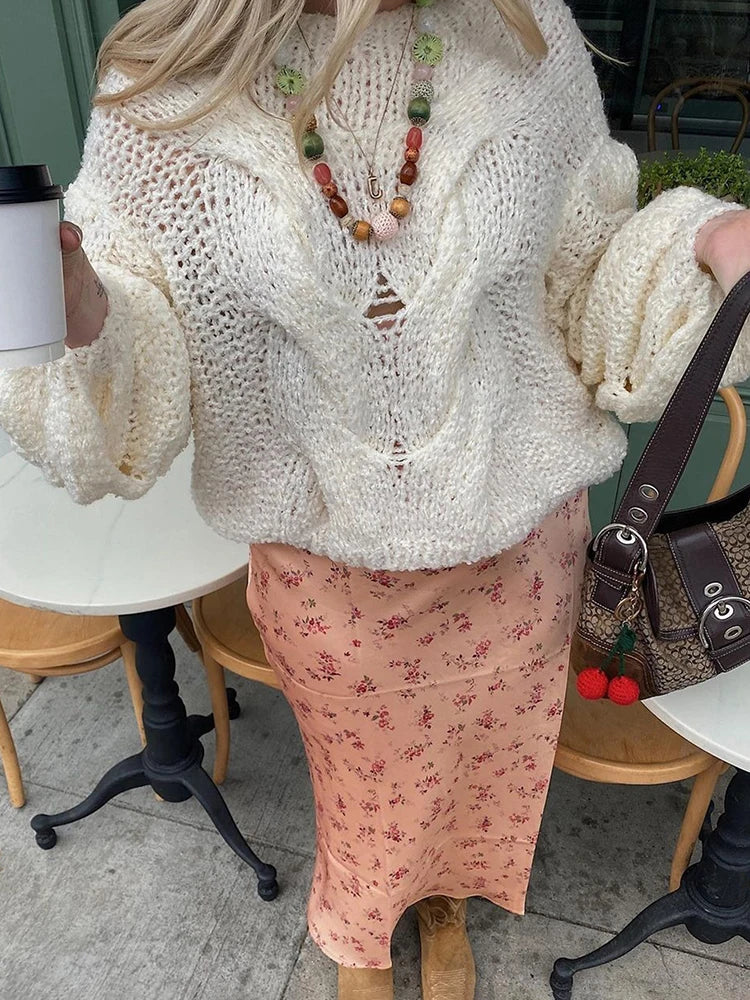 maoxiangshop  -  Women's Hand-knitted Twist Sweater Pullover Loose Fashion Versatile Long Sleeve Knitted Top Solid Color Autumn Winter New
