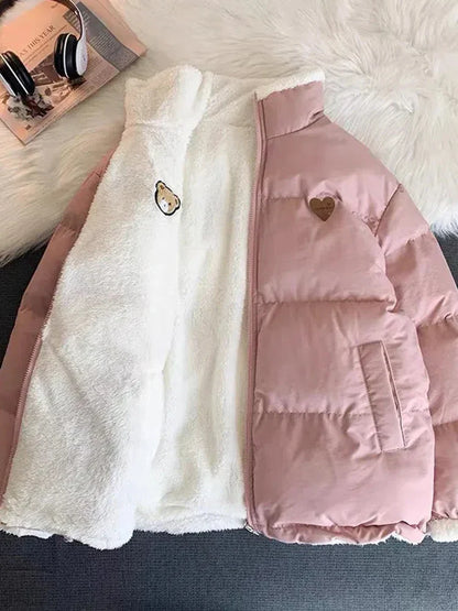 maoxiangshop Cute Embroidery Women Parkas Coat Winter Thick Hairy Korean Loose Warm Jacket Double Sided Design Pink Student Clothes