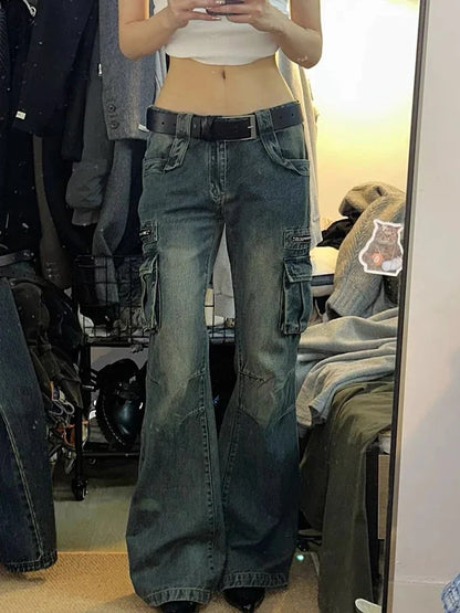 Cargo Pants Women Fashion Big Pocket Femme Flare Pants Spring New Casual Mopping Denim Trousers Vintage Y2k Baggy Jeans
