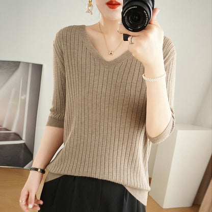 maoxiangshop Women Sweater Short Sleeve Spring Summer Knitwears Korean Fashion Stripe Pullovers Slim Fit Knit Tops Casual V-neck Jumpers