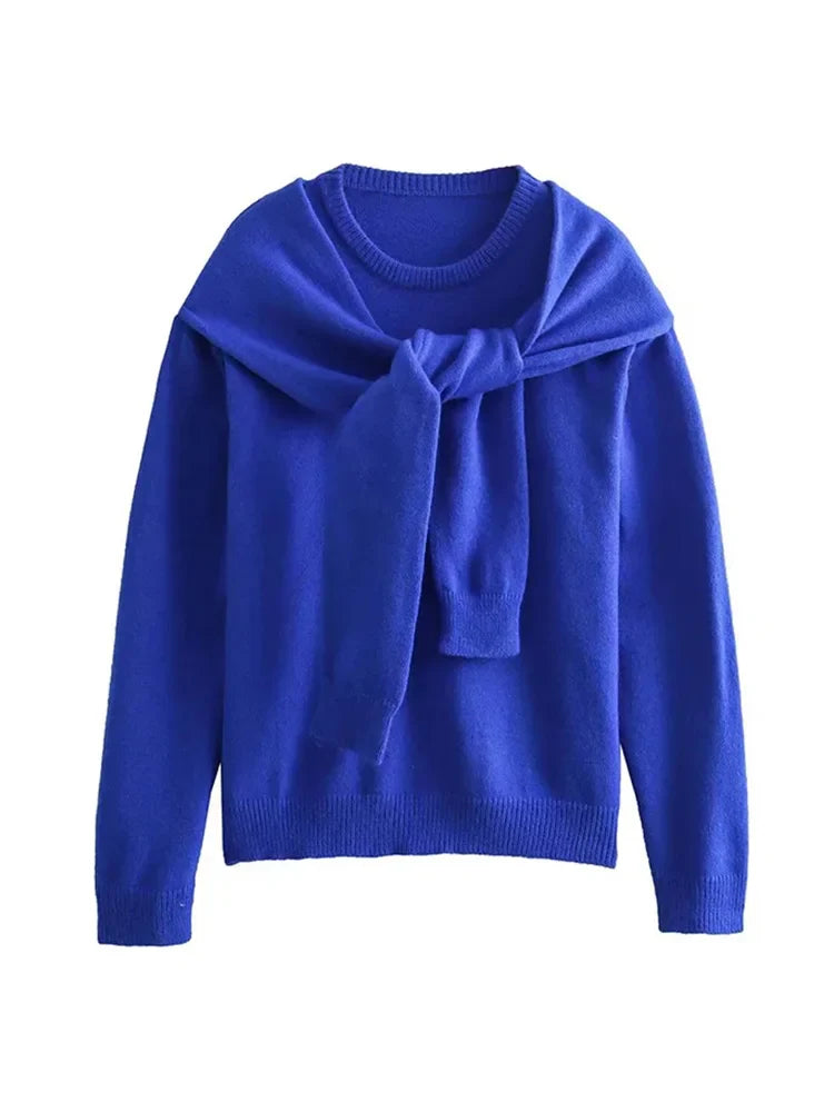 maoxiangshop -  2024 Women's Round Neck Knitted Pullovers Casual Long Sleeve Sweater with Scarf Shawl Woman Winter Fashion Jumper Top