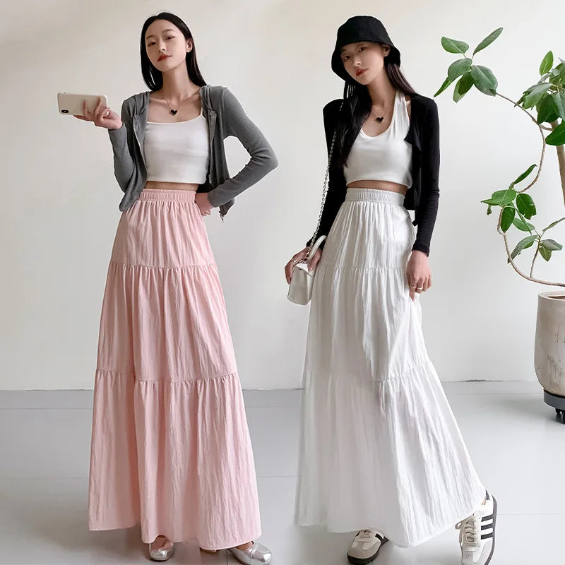 maoxiangshop New White Long Skirts for Women Summer Y2k Clothes Korean Fashion High Waist Harajuku Elegant Casual Dance Pink Skirt Woman 2024