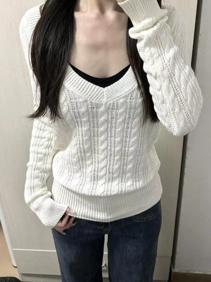 maoxiangshop  -  2024 Autumn Sweet Solid Twist Sweater Women Y2k Aesthetic Casual Loose Vintage Tops Preppy Style Fairy Knitwear All Match Jumper
