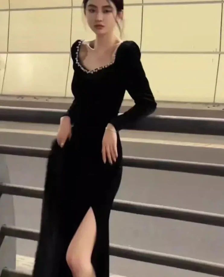 Autumn Winter Women Elegant Evening Prom Party Velvet Midi Dress Vintage Bodycon Square Collar Black Robe Formal Vestidos