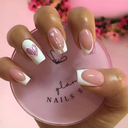 24Pcs Valentine's Day Detachable False Nails Wearable French Fake Nails Love Pattern Design Full Cover Nail Tips Press on Nails