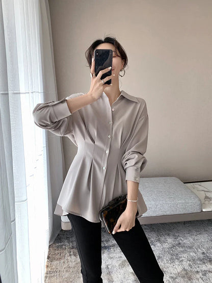 maoxiangshop Blouses Women Chiffon Shirts Long Sleeve Shirring Design Spring Summer All-match Elegant Graceful Chic Defined Waist Mature Lady