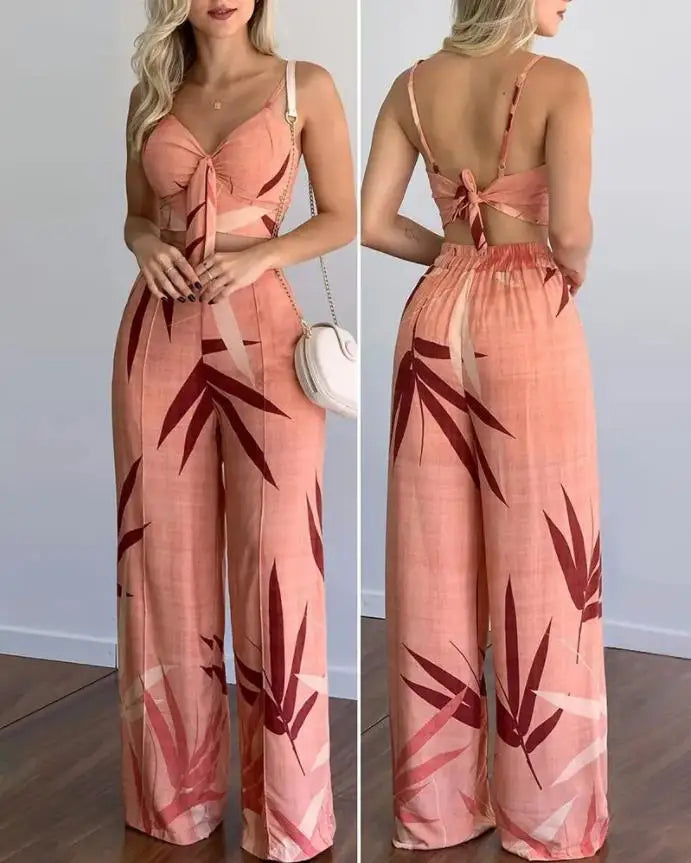 maoxiangshop Summer New Women's Suit Sexy Sleeveless Backless Womens Outfits Leaf Print Crop Top & Wide Leg Pants Set Long Pants 2 Piece Sets