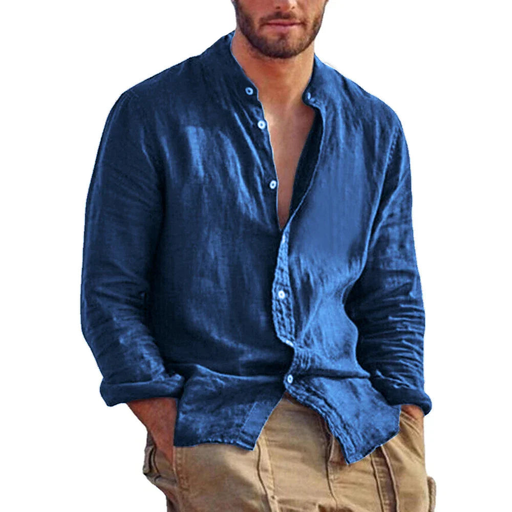 maoxiangshop New Men's Solid Color Long Sleeve Shirt Linen Cotton Shirts Trend Plus-size Stand Collar Casual Lightweight Beach Tops