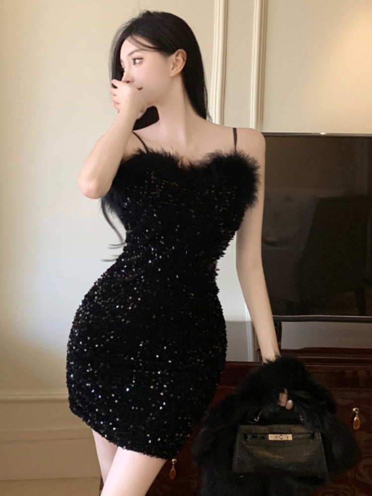 maoxiangshop Temperament Dresses Women Spaghetti Strap  Furry Patchwork V Neck Sexy Elegant Slim Sequins Black Party Dress Ladies