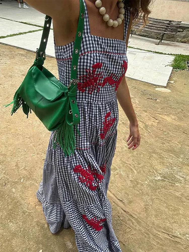 Vintage Embroidery Sleeveless Maxi Dress Women Summer Plaid Print Casual Beach Vacation Party Dresses Fashion Female Vestidos