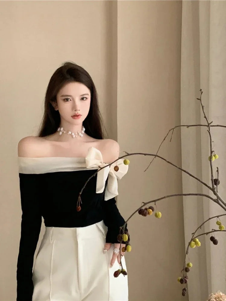 Coquette Off Shoulder Black T-shirts Women Korean Style Chic Bow Brown Long Sleeve Tees Sweet Sexy Patchwork Slim Tops