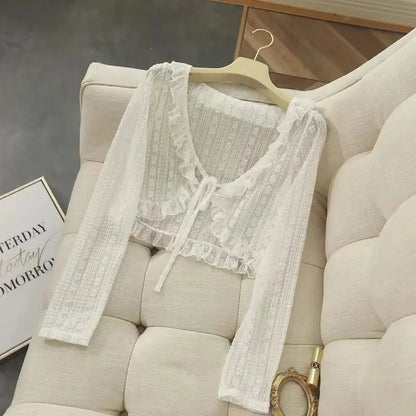 Summer Apricot Lace Belt Women Cardigan Korean Fashion V-neck Long Sleeve Cropped Tops Sweet Slim Thin Sunscreen Jacket Female
