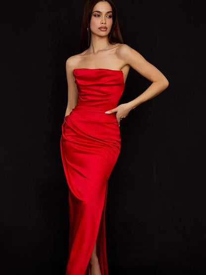 High Quality Satin Maxi Dress Women Summer Party Dress New Arrivals Strapless Dress Sexy Celebrity Evening Club Dress