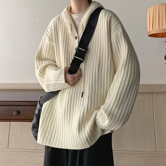 maoxiangshop Winter Clothing Men's Luxury Knitted Hooded Pullover Sweater Casual Streetwear Button-down Solid Color Long Sleeve Hoodie