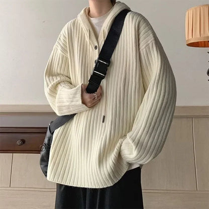 maoxiangshop Winter Clothing Men's Luxury Knitted Hooded Pullover Sweater Casual Streetwear Button-down Solid Color Long Sleeve Hoodie