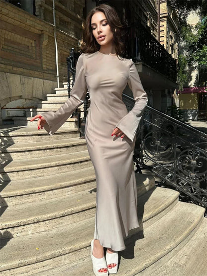 Stain Slim Maxi Dresses For Women Elegant Solid Party Evening Dress Women's High Waist Luxury Femme Autumn Fashion Dress