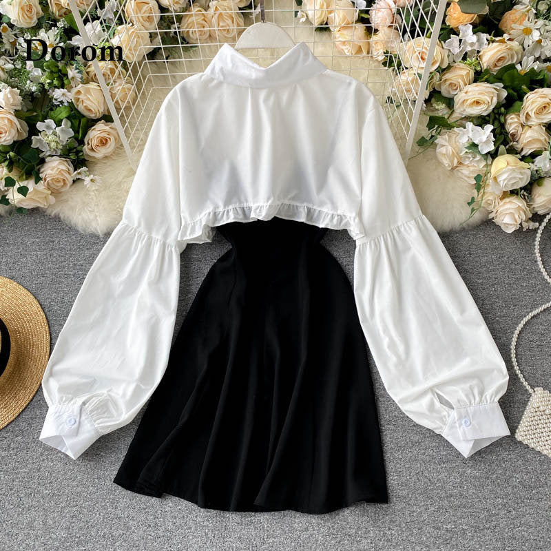 Vintage Gothic Black Lolita Dress Women Japanese Sweet Ruffled Puff Long Sleeve Blouses Crop Tops+Spaghetti Strap Party Vestidos