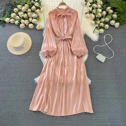 maoxiangshop Frenchic Vintage Long Dress Women Lace-up Bow Collar Lantern Sleeve Female Vestidos De Mujer Spring Elegant Dresses