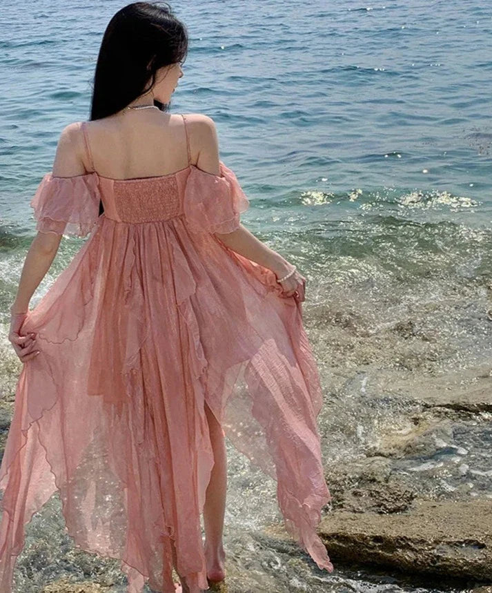 maoxiangshop Mesh Strap Long Dress Women Elegant Pink Slash Neck Backless Ruffles Ladies Casual Beach Sexy Dresses