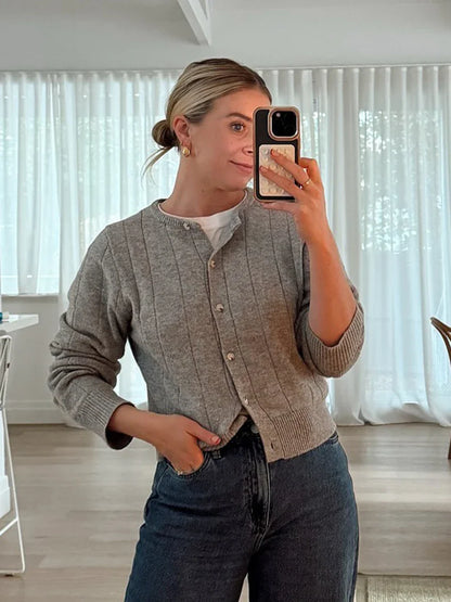 maoxiangshop  -  Solid Cropped Sweater Cardigan Women Autumn Single Breasted O Neck Knitted Outerwear 2024 New Retro Fashion Long Sleeve Sweaters