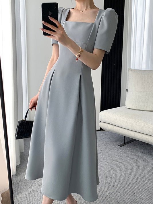 maoxiangshop Vintage Square Collar Casual French Midi Dress for Women Elegant Party Ladies Pleated A-Line Femme Fashion Bodycon Dress Summer