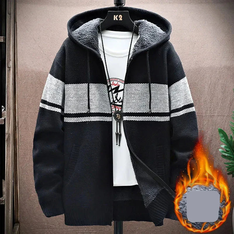maoxiangshop WINTER OUTFITS Autumn Korean Hooded Men's Sweater with Thick and Velvet Men Cardigan Knitted Sweater Coat Stripe Jacket Male M-4XL