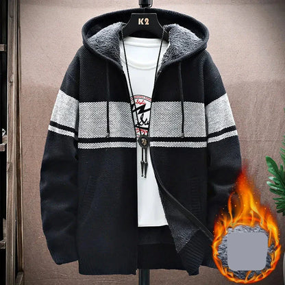 maoxiangshop WINTER OUTFITS Autumn Korean Hooded Men's Sweater with Thick and Velvet Men Cardigan Knitted Sweater Coat Stripe Jacket Male M-4XL