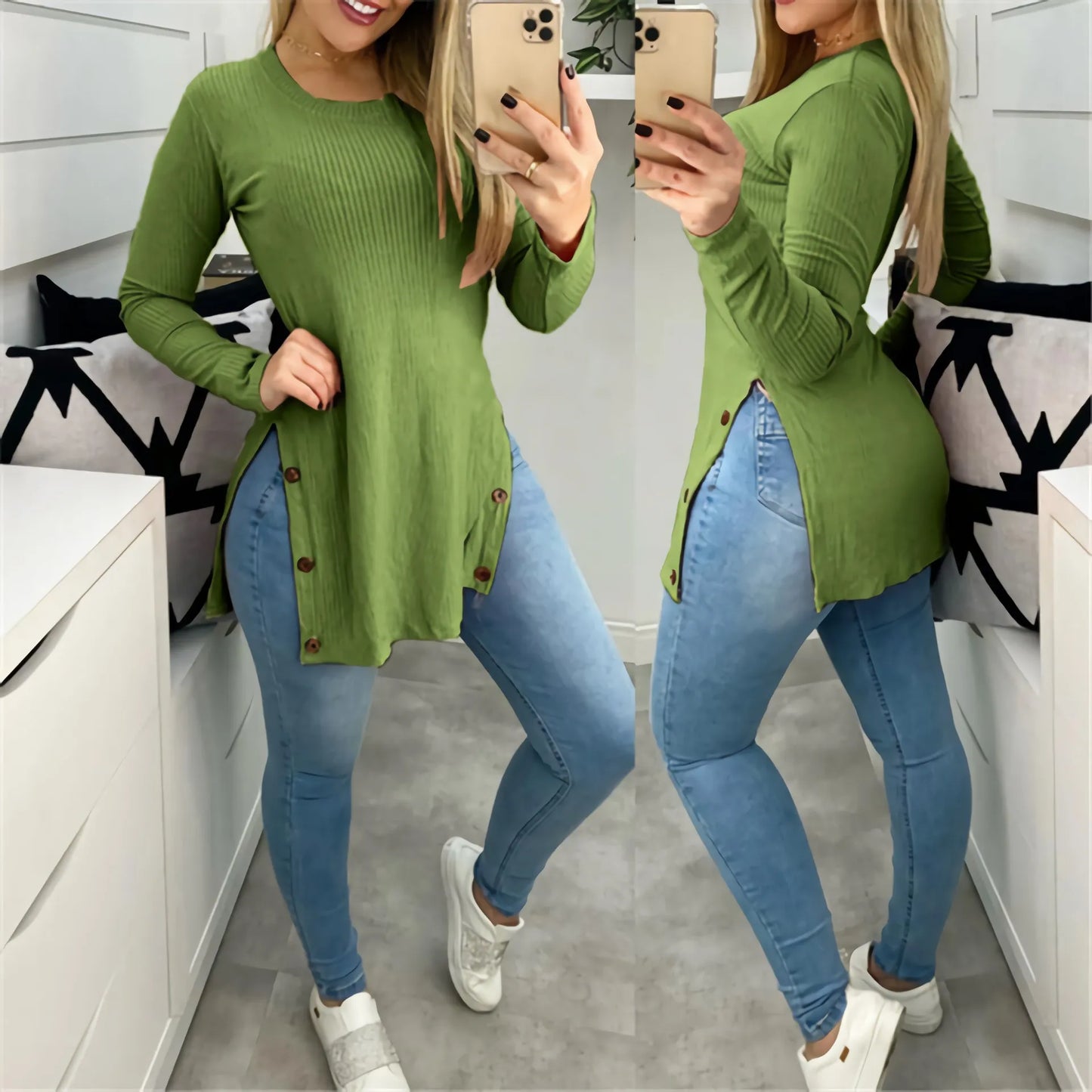 maoxiangshop Pit strip solid color round neck slit button long sleeve T-shirt large size women's blouse