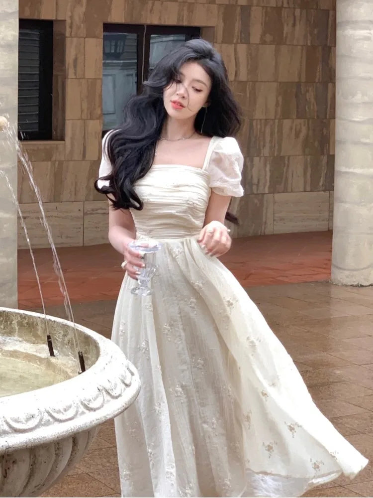 Summer Fashion Retro Evening Party Midi Dress Women Elegant Princess Embroider Vestidos Female Korean Design Slim Clothes