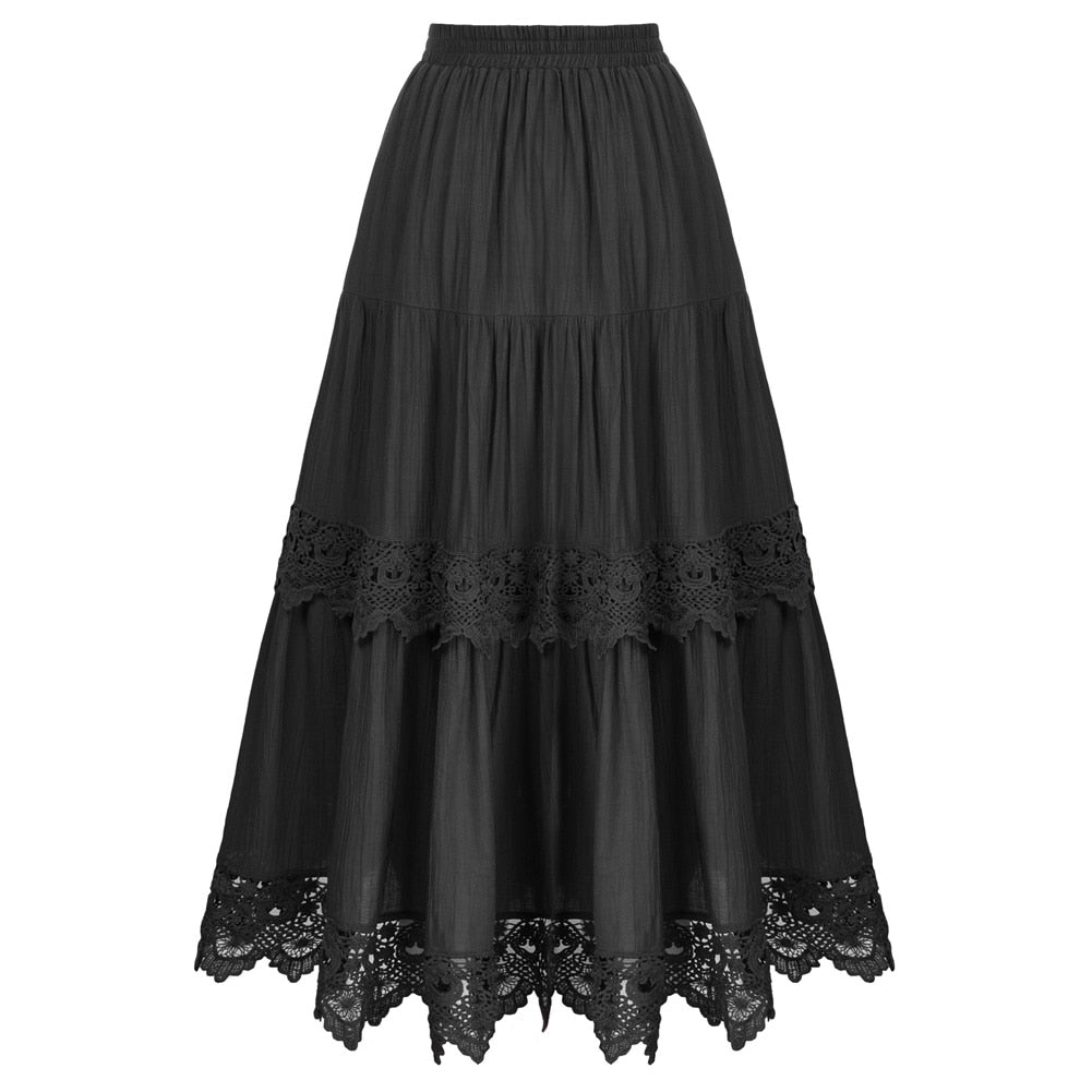 maoxiangshop Women Renaissance Skirts Lace Hem Tiered Skirt Elastic Waist A-Line Maxi Skirt Club Party Vintage Steampunk Casual Skirt