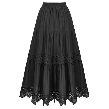 maoxiangshop Women Renaissance Skirts Lace Hem Tiered Skirt Elastic Waist A-Line Maxi Skirt Club Party Vintage Steampunk Casual Skirt