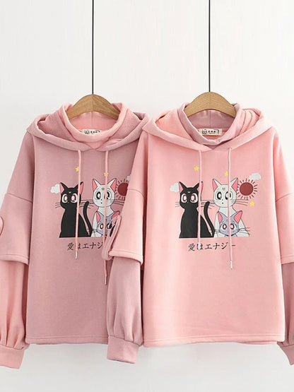 maoxiangshop Fleece Pink Winter Hooded Sweatshirt Cartoon Cat Print Cute Hoodies Sweet Style Girl Long Sleeve Kawaii Harakuju Pullover Top