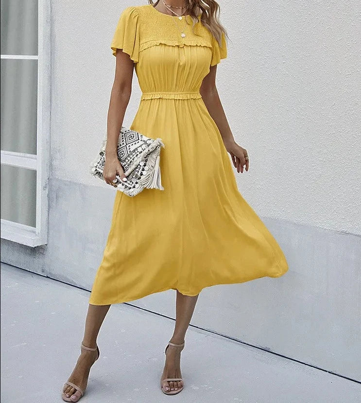 maoxiangshop Spring Summer Sweet Solid Women Puff Short Sleeve O Neck High Waist Holiday Style Long Dress