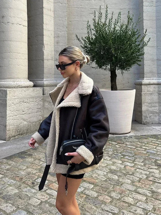 Fashion Faux Fur Jacket with Zipper Women Long Sleeve Double-sided Jackets Warm Coat Female Casual Lapel cold coat