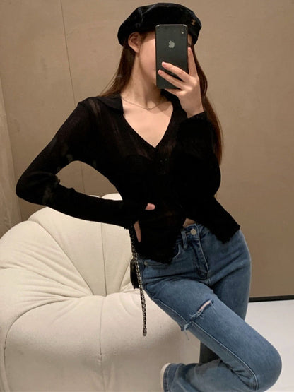 maoxiangshop Knitting T-shirt Women Slim Sexy Long Sleeve Daily V-neck Casual Korean Style Pure Retro Minimalist Hot Girls Spring See-through