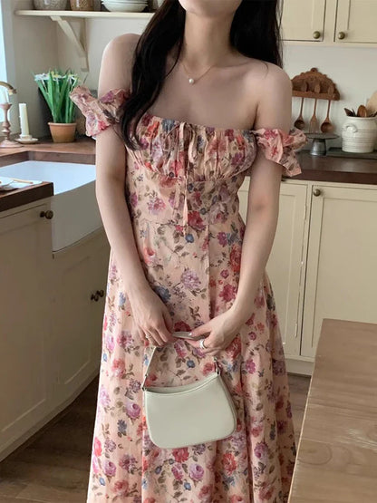 maoxiangshop Korean Chic One Line Collar Contrast Color Pleated Waist Slim Strapless Floral Dress For Women  Spring Summer