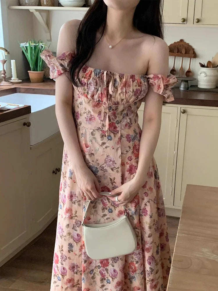 maoxiangshop Korean Chic One Line Collar Contrast Color Pleated Waist Slim Strapless Floral Dress For Women 2024 Spring Summer