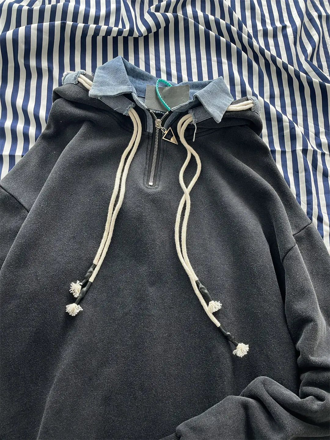 maoxiangshop American style retro solid color polo collar patchwork hoodie men spring and autumn simple fashion design sense top harajuku