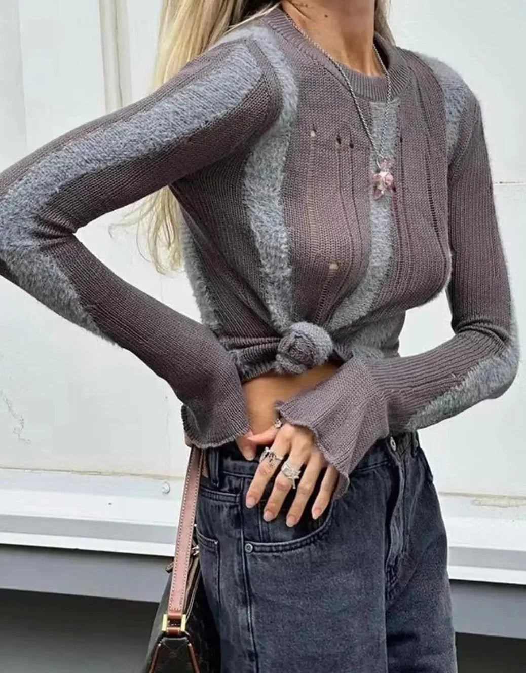 maoxiangshop  -  Long Sleeve Thin T-shirts All-match Spring Large Stripe Patchwork Tees Autumn Round Neck Slim Perspective Knit Tops Fashion