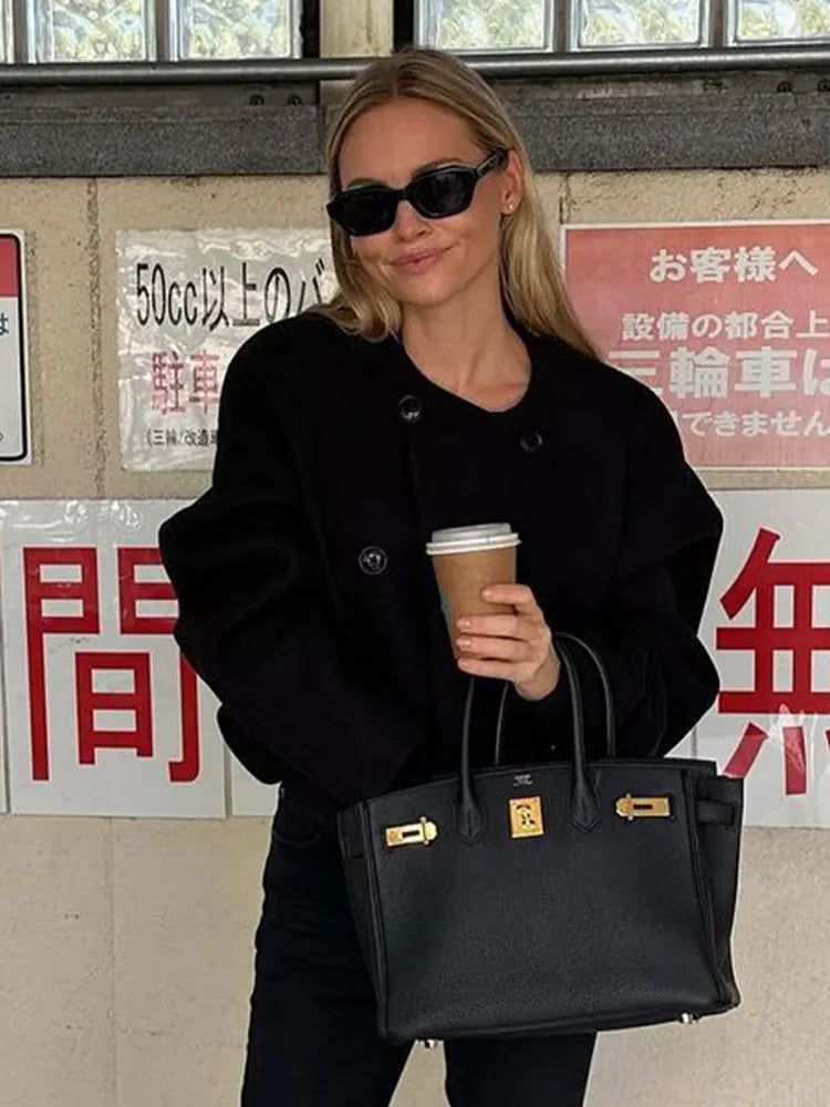 maoxiangshop -  Autumn Faux Woolen Solid Cropped Jacket Women Single Breasted Button Pocket Baseball Coat Fashion Long Sleeve Female Outwear