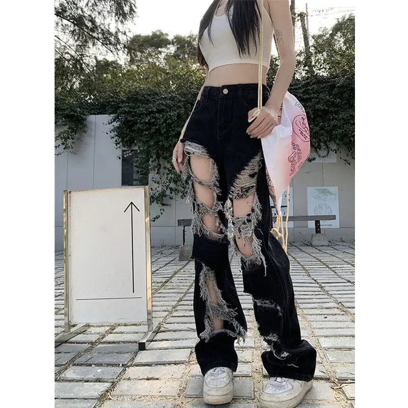 Y2k Broken Hole Jeans All-Match Distressed Women High Street Hip Hop High Waist Straight Loose Trousers Washed Mopping Pants