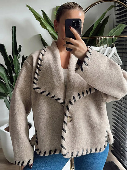 maoxiangshop  -  Wool Coat Women Plush Jackets Chic Laple Patchwork Long Sleeve Short Fleece Top 2024 Autumn Winter Fashion New Lady Streetwears