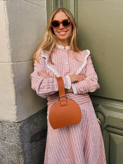 maoxiangshop  -  Fashion Striped Print Skirt Set For Women Ruffles Round Neck Long Sleeves 2 Pieces Sets Spring Summer Cute Street Lady Outfit