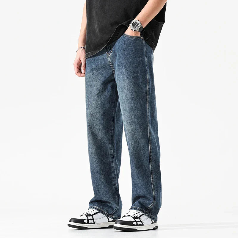 maoxiangshop Baggy Jeans Men Wide Leg Pants Dark Blue Denim Pants Straight Cut Oversize Pants Korean Style Trousers For Men Clothing