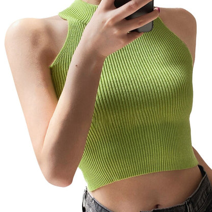 maoxiangshop Women Ribbed Halter Tank Crop Tops Summer Spring Base T-shirt Harajuku Adults Sleeveless Solid Color Round Neck Knit Tops